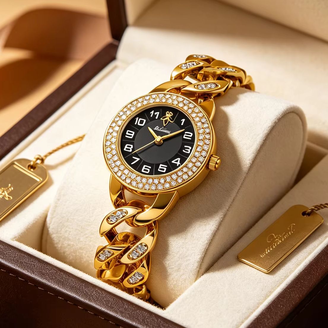 Luxury Watch With Arabic Numerals - YaLaLuSi Gold Cuban Chain Women Watch
